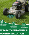 Angled Lawn Drain Grate 2 Pack, 4 Inch Green Yard Drainage Grate used with lawn mower on grass, showcasing installation