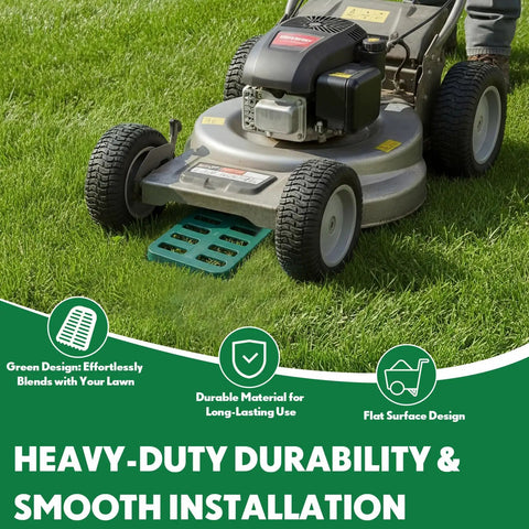 Angled Lawn Drain Grate 2 Pack, 4 Inch Green Yard Drainage Grate used with lawn mower on grass, showcasing installation
