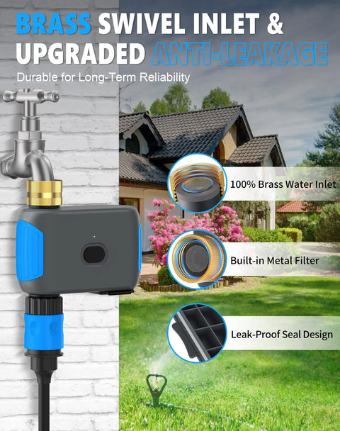 WiFi Hose Timer With App Control For Garden Irrigation Smart Bluetooth Water Timer No Hub Needed Works With Alexa And Google Digital Automatic Lawn Sprinkler System For Outdoor Yard 1 Outlet showing brass swivel inlet, metal filter, and seal in garden setting.