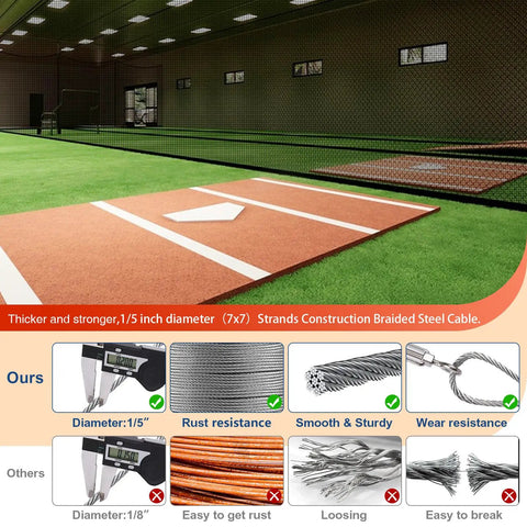 Indoor batting cage with 304 Stainless Steel Batting Cage Cable Kit with 5mm braided wire, showing tension system and net installation.