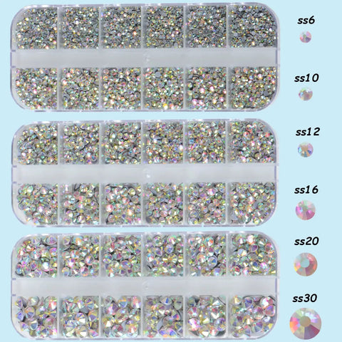 Crystal AB Flatback Hotfix Rhinestones Set 6500 Pieces in 6 Sizes SS6 SS10 SS12 SS16 SS20 SS30 with Tweezers and Picking Pen