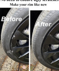 Before and after images of car rim scratch repair using Gloss Black Wheel Touch Up Paint Pen for Quick Car Rim Scratch And Rock Chip Repair.
