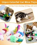 Cats playing with 16 colorful mice toys from 100 Piece Cat Toys Variety Pack For Indoor Cats With Mice Toys Sparkle Balls.