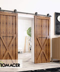 Installed Black Rustic Sliding Barn Door Hardware Kit For Two Doors With 7ft Flat Track And T Shape Rollers Heavy Duty