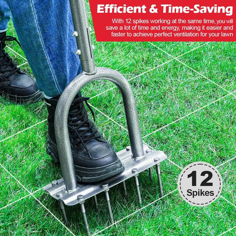 43.3 Inch Preassembled Lawn Aerator with 12 durable 3.5 inch iron spikes being used on grass, showing spike detail and sturdy handle.