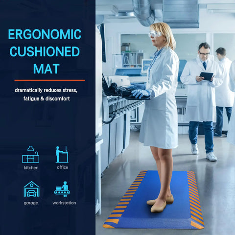 Top Shelf Anti Fatigue Standing Floor Mat Engineered From Dense Memory Foam For Shops And Home Desks Delivering Heavy Duty Comfort To Ease Persistent Leg And Back Soreness During Every Grueling Shift In Navy With Yellow Trim