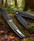 Keen Folding Pocket Knife Dope EDC Gear with 84mm 14C28N stainless steel blade, two handle options on forest background