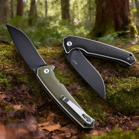 Keen Folding Pocket Knife Dope EDC Gear with 84mm 14C28N stainless steel blade, two handle options on forest background
