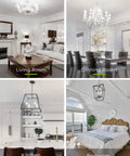 Living room, dining room, kitchen, and bedroom interiors with chandeliers and pendant lights.