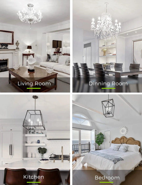 Living room, dining room, kitchen, and bedroom interiors with chandeliers and pendant lights.