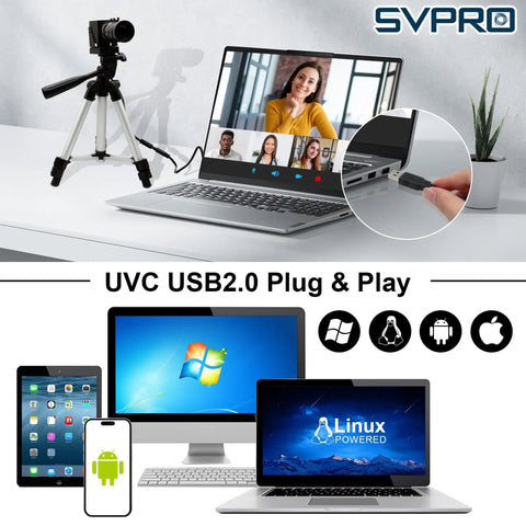 Ultra HD 8000x6000 48MP USB Camera With 5-50mm Zoom Lens setup, connected to laptop and various operating systems display icons.