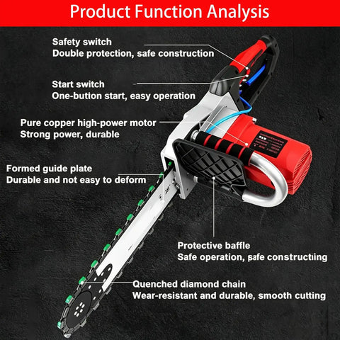 Powerful 5800W 6500W Electric Concrete Saw With Water Fed Dust Suppression And Two Diamond Chains Plus Guide Bar for precise cuts.