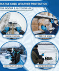 Image showing versatile uses of All-Weather 100% Waterproof Winter Gloves in snow removal, freezer work, construction, and winter fishing.