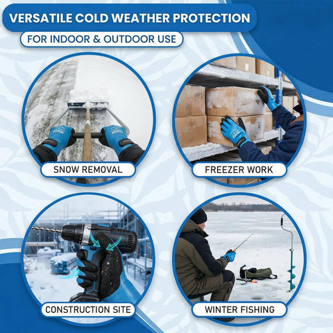 Image showing versatile uses of All-Weather 100% Waterproof Winter Gloves in snow removal, freezer work, construction, and winter fishing.