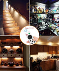 Stick On Wireless Under Cabinet Lights Anywhere With Remote Control Dimmable 20 LED Rechargeable Night Light illuminating stairs, cabinets, shelves, and kitchen