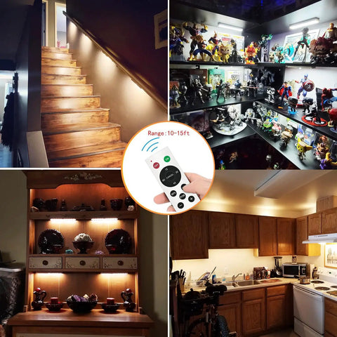 Stick On Wireless Under Cabinet Lights Anywhere With Remote Control Dimmable 20 LED Rechargeable Night Light illuminating stairs, cabinets, shelves, and kitchen