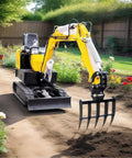 5 Tooth Wide Backhoe Rake Attachment For 0.8 To 1.8 Ton Mini Excavators in garden setting for soil spreading