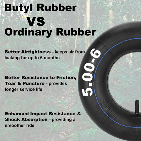 Two Pack Heavy Duty 13x5.00-6 Inner Tubes With TR13 Straight Valve feature comparison with ordinary rubber in forest backdrop.