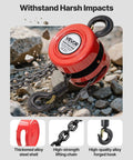 1 Ton Hand Chain Hoist With 8 Ft Lift Galvanized G70 Chain Heavy Duty Pulley Block in red, on rocky surface