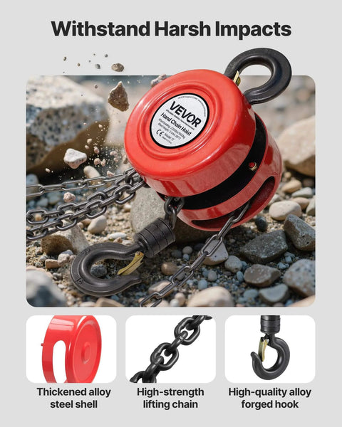 1 Ton Hand Chain Hoist With 8 Ft Lift Galvanized G70 Chain Heavy Duty Pulley Block in red, on rocky surface