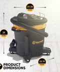 Beast Series 16 Gallon Wet/Dry Shop Vac With 6.5 HP Motor showcasing dimensions and sturdy design, suitable for workshop use.