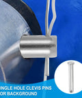 Heavy Duty 12x70 mm Single Hole Clevis Pins 2 Pack in 304 Stainless Steel securing metal parts, close-up view.