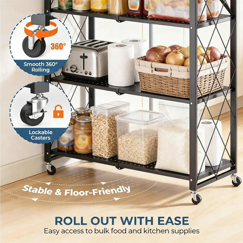 Close-up of Heavy Duty Black 3 Tier Foldable Metal Bookshelf Delivers Smooth Moving Storage Wins For Cramped Rooms And Zero Fuss Organization Anywhere You Kick Back with lockable casters and kitchen supplies.