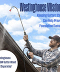 Person using Westinghouse PWGW Gutter Wand on house roof to clear gutters, with sky and clouds in background