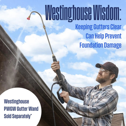 Person using Westinghouse PWGW Gutter Wand on house roof to clear gutters, with sky and clouds in background