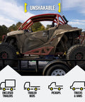 Auto Retractable Ratchet Straps 2 Pack 1 Inch By 10 Feet Beefy Heavy Duty Tie Down Straps securing an ATV on a trailer.