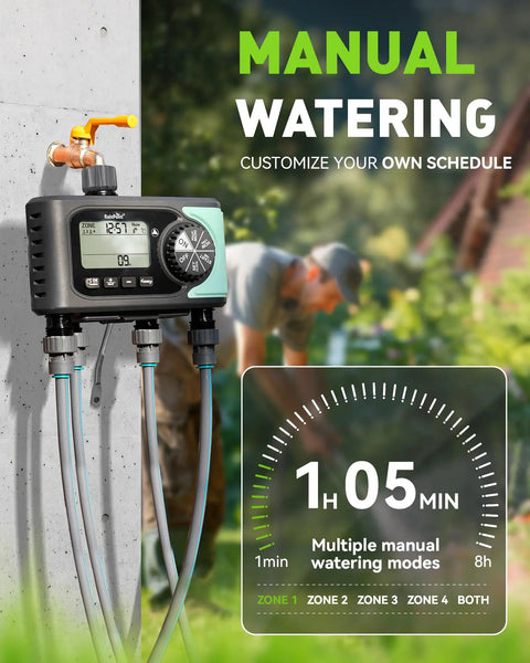 Four Zone Sprinkler Timer With Four Outlets For Automatic Lawn Watering, Rain Delay, Manual And Timed Irrigation controller