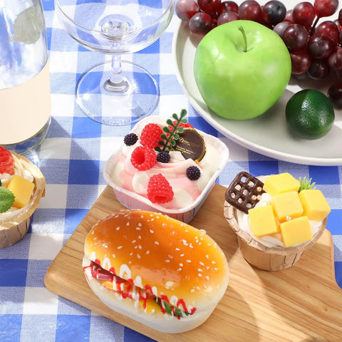 Desserts and fruits on Three Piece Picnic Table Cover Set With Fitted Tablecloth And Bench Covers For Outdoor Dining, Checker Blue White Pattern