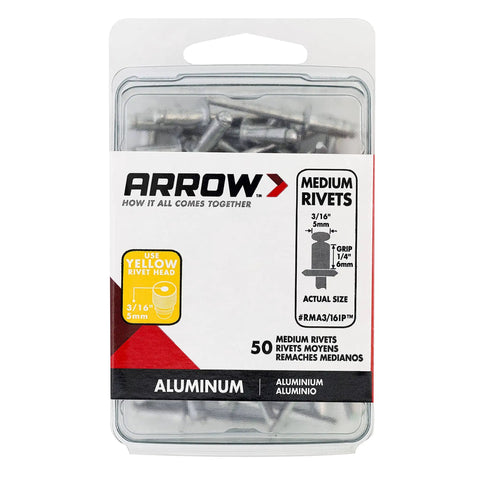 Packaging of Medium Aluminum 3/16-Inch Rivets 50 Pack For DIY Sheet Metal Projects, Gutters, Auto Repairs, Easy To Install Pop Rivets For Your Rivet Gun, Durable Lightweight Pro-Grade Fasteners.