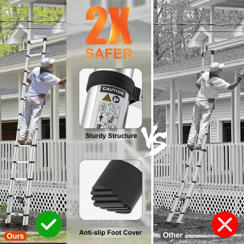 Comparison showing Ten And A Half Foot Aluminum Telescoping Ladder With One Button Retraction EN131 Certified 330 Pound Capacity Lightweight Space Saving Extension For Home Garage And Job Sites Ultra Versatile against another ladder, highlighting safety features and differences.