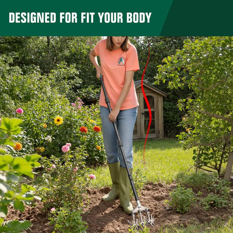Manual Rotary Garden Cultivator Tiller With Heavy Duty Steel Head And Detachable Thick Tines, 61 Inch Long Hand Tool in use