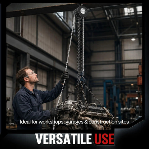 Man using Hand Chain Hoist 1 Ton Capacity With 10 Ft Chain 2 Beefy Heavy Duty Hooks Manual Chain Fall in warehouse