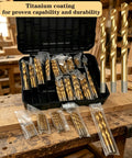 Top Shelf 230 Piece Titanium Twist Drill Bit Kit Featuring 135 Degree Split Points For Wood Metal Plastic And Alloy. Quick Penetration With U-Flute Chip Evacuation And Stable Straight Shank Design To Prevent Walking. Perfect Heavy Duty Tool Set Stored In. titanium-coated twist drill bits in case for wood and metal