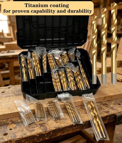 Top Shelf 230 Piece Titanium Twist Drill Bit Kit Featuring 135 Degree Split Points For Wood Metal Plastic And Alloy. Quick Penetration With U-Flute Chip Evacuation And Stable Straight Shank Design To Prevent Walking. Perfect Heavy Duty Tool Set Stored In. titanium-coated twist drill bits in case for wood and metal