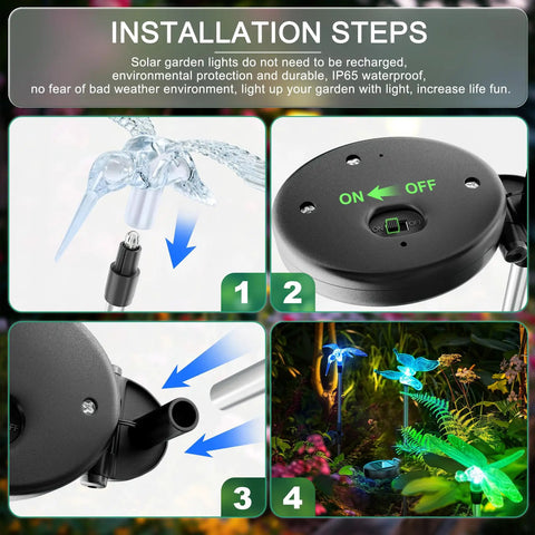Installation guide for Solar Garden Lights Outdoor Set Of 6 Insect Stake Lights with changeable color LED beams for gardens.