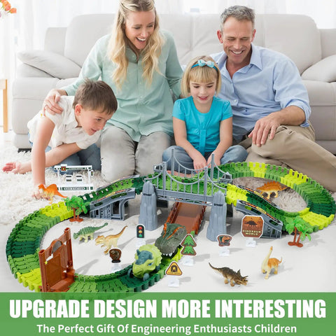 Family playing with Awesome Dinosaur Race Track Playset With 140 Tracks, Dinosaurs, Cars, Bridges, Ramps, Trees And Traffic Lights