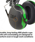 Cap Style Hard Hat Attachment Ear Muffs X Series X1P3E With 21 Db NRR for Construction with green and black ABS cups.