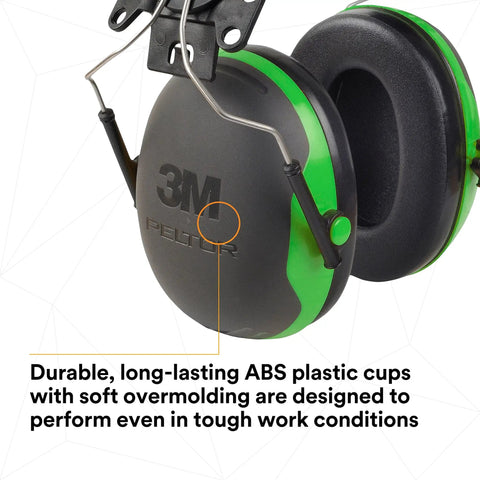 Cap Style Hard Hat Attachment Ear Muffs X Series X1P3E With 21 Db NRR for Construction with green and black ABS cups.