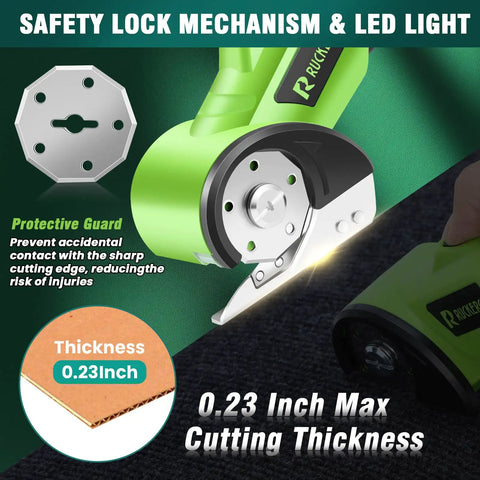 Cordless Electric Scissors Box Cutter With Two Rotary Blades 4V Rechargeable Cardboard Cutter USB Charge Safety Lock Storage Box Fabric Scissor For Plastic Carpet Leather DIY Crafts with protective guard and 0.23-inch max cutting thickness