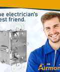 Heavy Duty 2.5 Inch Deep One Gang Metal Switch Box Haul Featuring Solid Four Pack Build With Seven Knockouts And MC Cable Clamps For Slick Electrical Wiring Jobs Around Town, shown with smiling electrician.