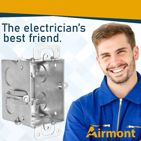 Heavy Duty 2.5 Inch Deep One Gang Metal Switch Box Haul Featuring Solid Four Pack Build With Seven Knockouts And MC Cable Clamps For Slick Electrical Wiring Jobs Around Town, shown with smiling electrician.