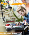 Man performing electronic repairs at maintenance desk in Texas workshop with lamp overhead