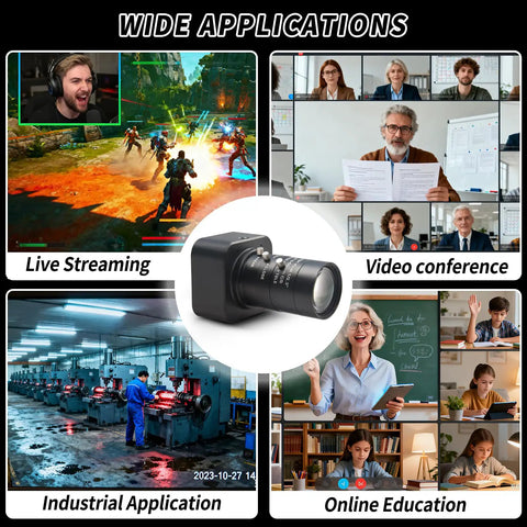 Rock Solid Aluminum Build 4K HD Webcam With Cs Mount 5 To 50 MM Telephoto Zoom Lens Plug And Play shown in diverse applications like online education.