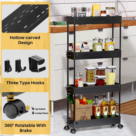 Slim Rolling Storage Cart Four Tier Organizer For Kitchen And Bathroom, Space Saving Mobile Shelving Unit With Slide Out Utility Cart For Makeup Craft Laundry In Narrow Spaces Black, shown in a kitchen setting.