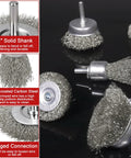 Eleven Piece Drill Wire Brush Set With One Quarter Inch Round Shank For Beating Paint And Rust Off Metal And Wood, brushed steel material with several brush types visible on black background.