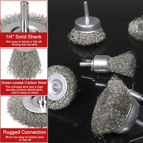Eleven Piece Drill Wire Brush Set With One Quarter Inch Round Shank For Beating Paint And Rust Off Metal And Wood, brushed steel material with several brush types visible on black background.